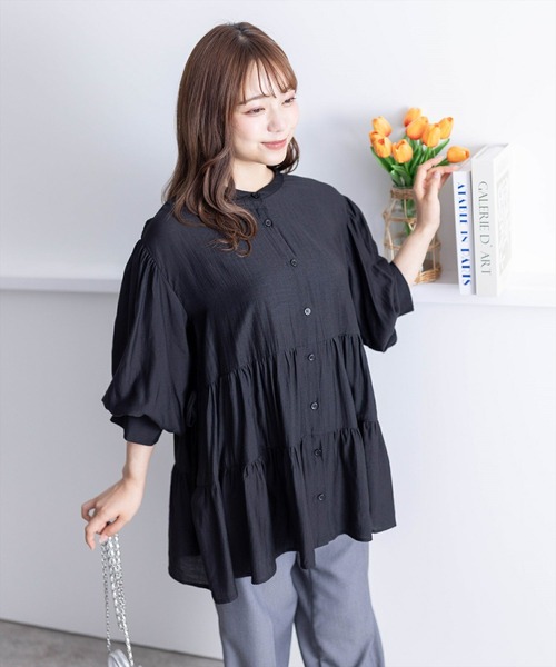 clear（クリア）の「ウエストリボンデザイン五分袖ティアードブラウス［オフィスカジュアル 着回し抜群 大人 ］≪再入荷≫（シャツ/ブラウス・レディース・ブルーグレー/オフホワイト/ブラック・F）」の4枚目の写真