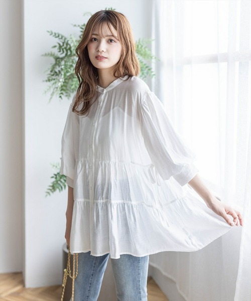 clear（クリア）の「ウエストリボンデザイン五分袖ティアードブラウス［オフィスカジュアル 着回し抜群 大人 ］≪再入荷≫（シャツ/ブラウス・レディース・ブルーグレー/オフホワイト/ブラック・F）」の6枚目の写真