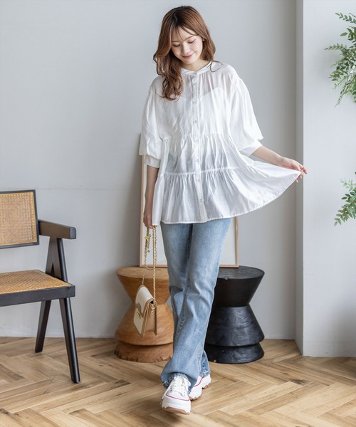 clear（クリア）の「ウエストリボンデザイン五分袖ティアードブラウス［オフィスカジュアル 着回し抜群 大人 ］≪再入荷≫（シャツ/ブラウス・レディース・ブルーグレー/オフホワイト/ブラック・F）」の7枚目の写真