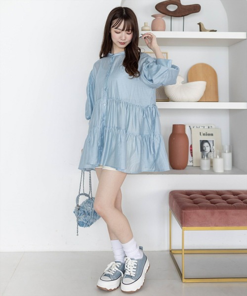 clear（クリア）の「ウエストリボンデザイン五分袖ティアードブラウス［オフィスカジュアル 着回し抜群 大人 ］≪再入荷≫（シャツ/ブラウス・レディース・ブルーグレー/オフホワイト/ブラック・F）」の10枚目の写真