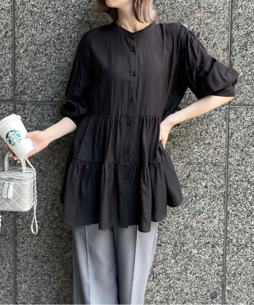 clear（クリア）の「ウエストリボンデザイン五分袖ティアードブラウス［オフィスカジュアル 着回し抜群 大人 ］≪再入荷≫（シャツ/ブラウス・レディース・ブルーグレー/オフホワイト/ブラック・F）」の22枚目の写真