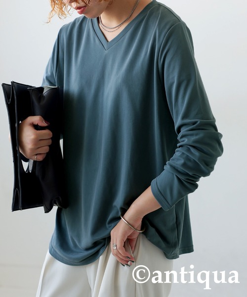 antiqua（アンティカ）の「VネックロングTシャツ（Tシャツ/カットソー・レディース・ブルー/ブラック/ホワイト/ブラウン系その他・R/P）」の4枚目の写真