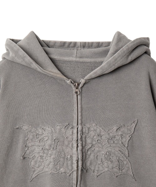 SHORT ROUND（ショートラウンド）の「SHORT ROUND/ピグメントダメージアップリケZIPパーカー（パーカー・メンズ・スミクロ/グレー/ブラウン・LARGE/MEDIUM）」の17枚目の写真