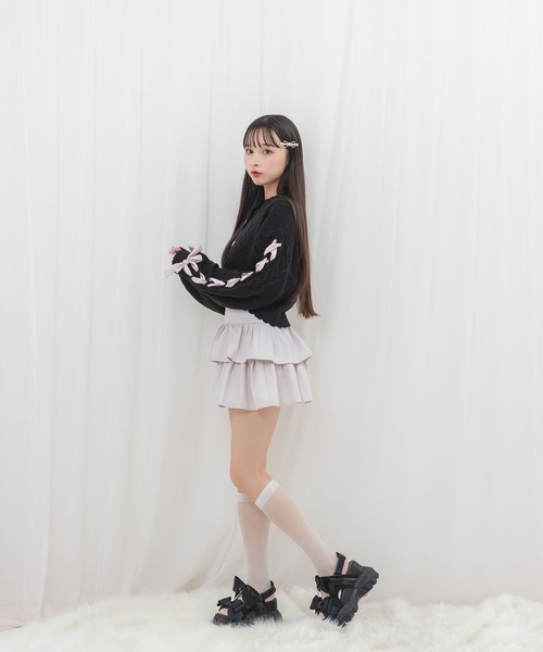 Honey Cinnamon(ハニーシナモン)の「袖レースアップリボンニットカーディガン(カーディガン/ボレロ・レディース・アイボリー/ブラック/ピンク/ホワイト・FREE)」の11枚目の写真