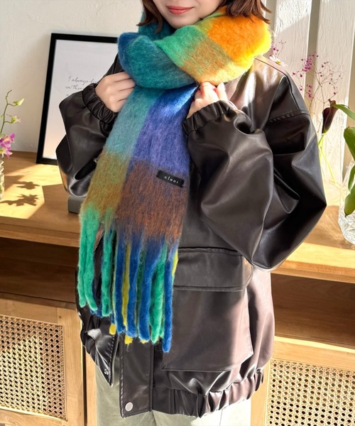 clear（クリア）の「チェック柄フリンジマフラー [厚手もこもこ女子 ボリューム]≪2024AW新作≫（マフラー・レディース・サックスブルー/ピンク/マルチ・F）」の15枚目の写真