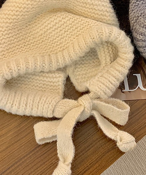 DAY CLOSET（デイ クローゼット）の「今っぽ韓国スタイル実現。ナチュラルリボンニットバラクラバ レディース（ニットキャップ/ビーニー・レディース・ブラック/ダークブラウン/キナリ/ブルー/グレー・ONE SIZE）」の11枚目の写真