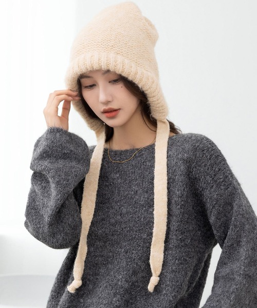 DAY CLOSET（デイ クローゼット）の「今っぽ韓国スタイル実現。ナチュラルリボンニットバラクラバ レディース（ニットキャップ/ビーニー・レディース・ブラック/ダークブラウン/キナリ/ブルー/グレー・ONE SIZE）」の16枚目の写真