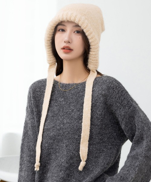 DAY CLOSET（デイ クローゼット）の「今っぽ韓国スタイル実現。ナチュラルリボンニットバラクラバ レディース（ニットキャップ/ビーニー・レディース・ブラック/ダークブラウン/キナリ/ブルー/グレー・ONE SIZE）」の17枚目の写真