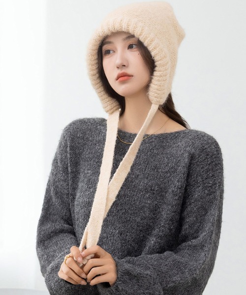 DAY CLOSET（デイ クローゼット）の「今っぽ韓国スタイル実現。ナチュラルリボンニットバラクラバ レディース（ニットキャップ/ビーニー・レディース・ブラック/ダークブラウン/キナリ/ブルー/グレー・ONE SIZE）」の18枚目の写真