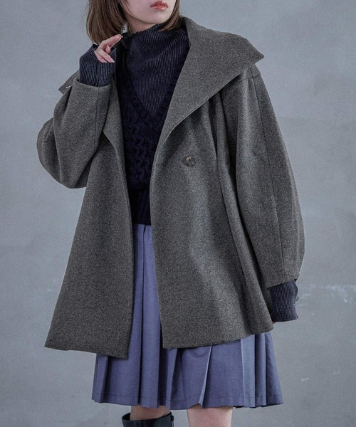 セール】スタンドカラー ウエスト絞りAラインコート（ピーコート