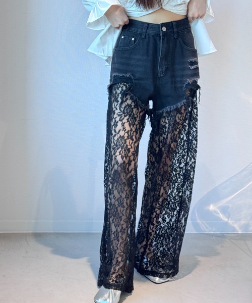 新品タグ付　monepine レースドッキングデザインデニムパンツ lace docking design denim pants/レースドッキングデザイン