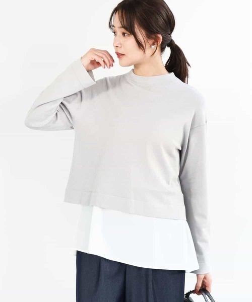 MK MICHEL KLEIN(エムケーミッシェルクラン)の「クロップド丈ラメニット×フレアーデシンタンクトップ アンサンブル/洗える(ニット/セーター・レディース・ライトグレー/アイボリー・38)」の1枚目の写真