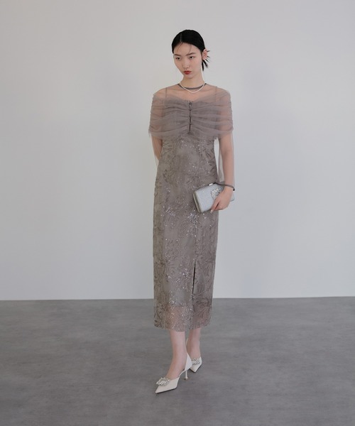 LEJA チュールオフショルダー花柄Iラインドレス グレー　S セール】【LEJA】チュールオフショルダー花柄Iラインドレス