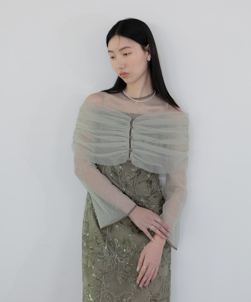 LEJA】チュールオフショルダー花柄Iラインドレスワンピース 2点セット