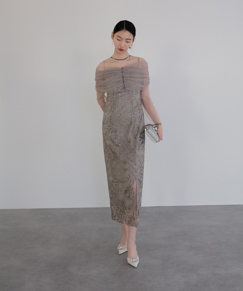 LEJA チュールオフショルダー花柄Iラインドレス グリーン　S レジャ Leja チュールオフショルダー花柄Iラインドレス