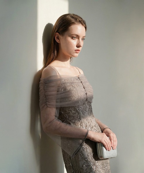 専用出品/Leja刺繍入りグレードレスチュールオフショルダー花柄Iラインドレス LEJA】チュールオフショルダー花柄Iラインドレスワンピース 2点セット