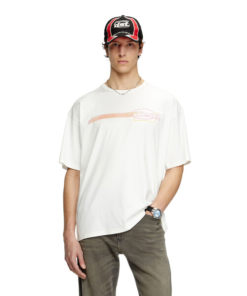 関税送料込【DIESEL】ホワイト＆ベージュ T-Boxt 長袖Tシャツ メンズ 長袖Tシャツ T-BOXT-DB-LS-RIB-T1（Tシャツ/カットソー