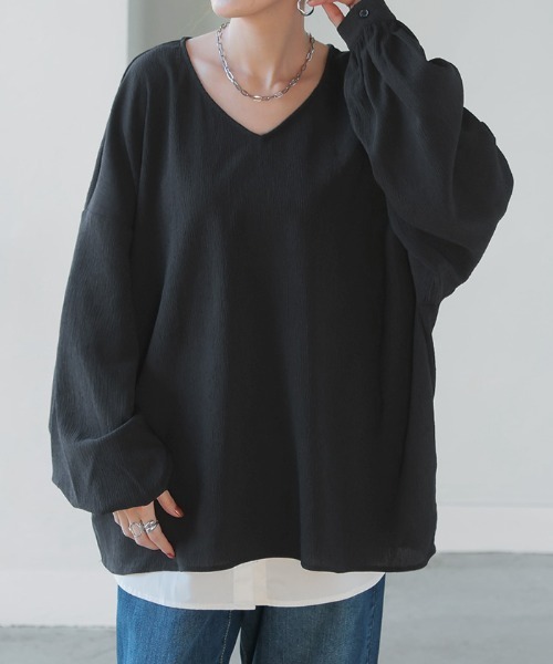 HUG.U（ハグユー）の「シワになりにくい オーバーサイズ 楊柳ブラウス（シャツ/ブラウス・レディース・ブラック/ホワイト/オレンジ/イエロー/グレイッシュベージュ・FREE）」の13枚目の写真