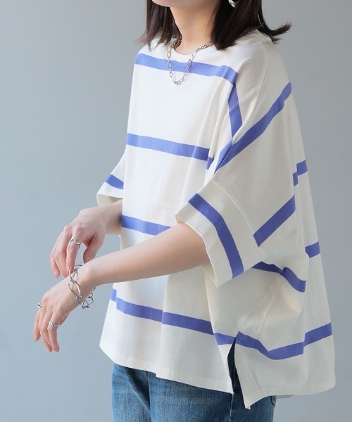 HUG.U(ハグユー)の「変形シルエット ボーダーTシャツ(Tシャツ/カットソー・レディース・ホワイト系その他/ブラック/ダークグレー/ホワイト・FREE)」の5枚目の写真