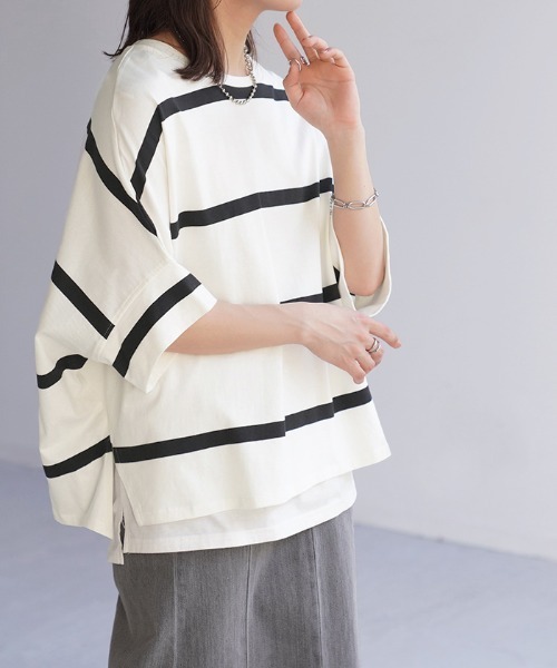 HUG.U(ハグユー)の「変形シルエット ボーダーTシャツ(Tシャツ/カットソー・レディース・ホワイト系その他/ブラック/ダークグレー/ホワイト・FREE)」の8枚目の写真
