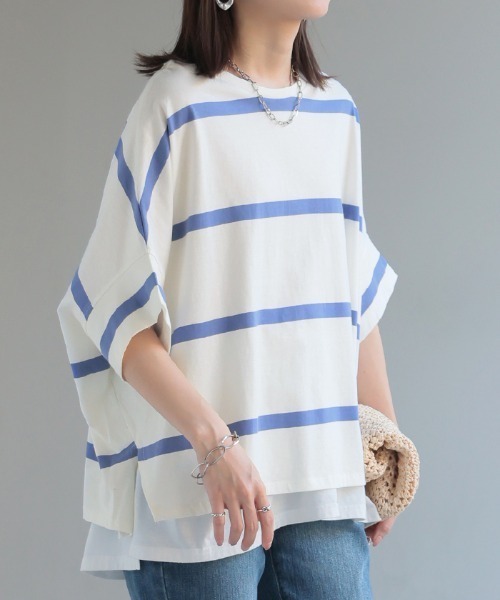HUG.U(ハグユー)の「変形シルエット ボーダーTシャツ(Tシャツ/カットソー・レディース・ホワイト系その他/ブラック/ダークグレー/ホワイト・FREE)」の6枚目の写真