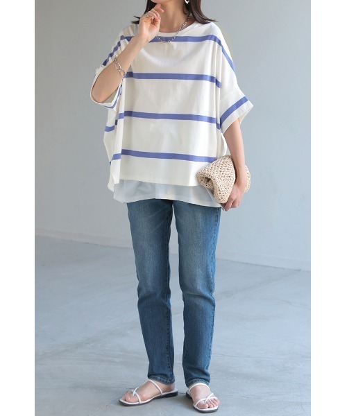 HUG.U(ハグユー)の「変形シルエット ボーダーTシャツ(Tシャツ/カットソー・レディース・ホワイト系その他/ブラック/ダークグレー/ホワイト・FREE)」の7枚目の写真