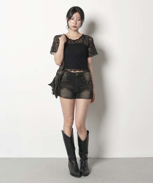 FOLLOWIN（フォロウィン）の「[2025SS][FLW MADE]リボンショルダーパフレースブラウス（Tシャツ/カットソー・レディース・ホワイト/ブラック・FREE）」の6枚目の写真