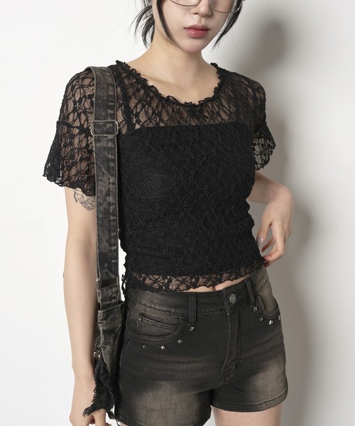 FOLLOWIN（フォロウィン）の「[2025SS][FLW MADE]リボンショルダーパフレースブラウス（Tシャツ/カットソー・レディース・ホワイト/ブラック・FREE）」の4枚目の写真