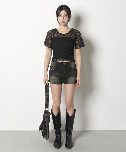 FOLLOWIN（フォロウィン）の「[2025SS][FLW MADE]リボンショルダーパフレースブラウス（Tシャツ/カットソー・レディース・ホワイト/ブラック・FREE）」の12枚目の写真