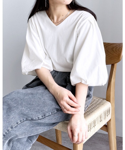 reca(レカ)の「コットンパフスリーブTシャツ(Tシャツ/カットソー・レディース・ミント/オフホワイト/ブラック・M-L)」の1枚目の写真
