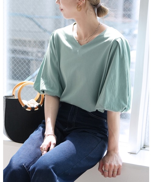 reca(レカ)の「コットンパフスリーブTシャツ(Tシャツ/カットソー・レディース・ミント/オフホワイト/ブラック・M-L)」の3枚目の写真