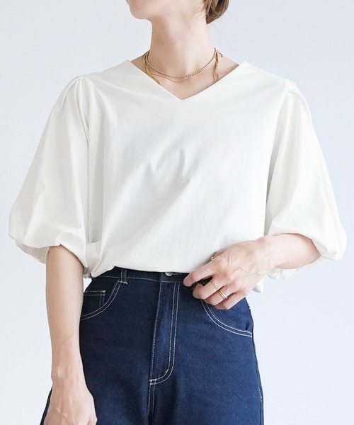 reca(レカ)の「コットンパフスリーブTシャツ(Tシャツ/カットソー・レディース・ミント/オフホワイト/ブラック・M-L)」の20枚目の写真