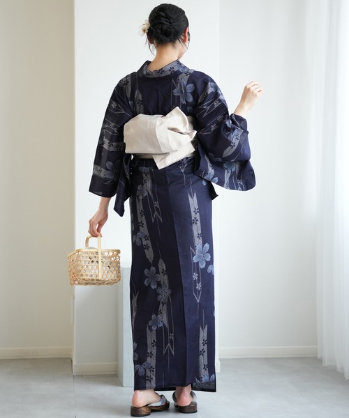 浴衣3点セット 綿麻×紅梅 藍色に桜矢絣（浴衣）｜utatane