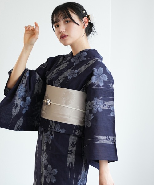 新品　しつけぬい付き　手縫　有松絞り　茄子紺色　桜　矢絣　綿　古典柄　浴衣単品 新品 しつけぬい付き 手縫 有松絞り 茄子紺色 桜 矢絣 綿 古典柄