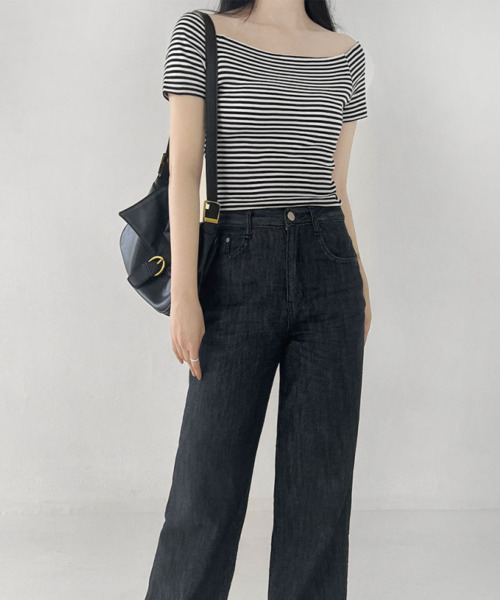 VIVID LADY（ビビッドレディー）の「ボーダー オフショルダー 半袖 Tシャツ（Tシャツ/カットソー・レディース・ブラック/グレー・FREE）」の8枚目の写真