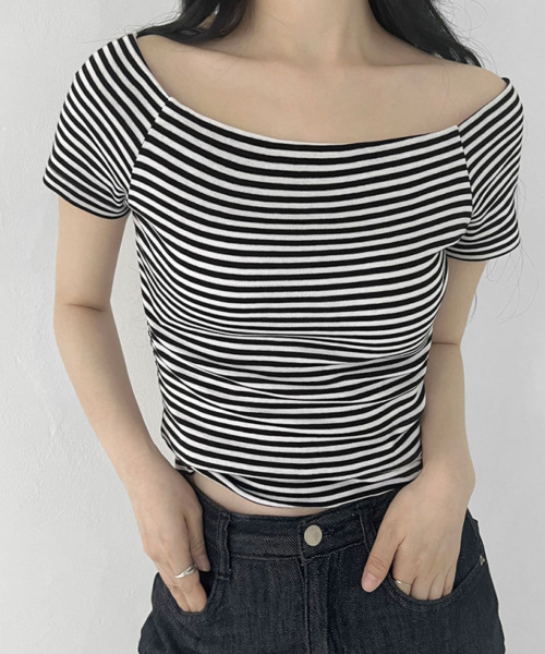 VIVID LADY（ビビッドレディー）の「ボーダー オフショルダー 半袖 Tシャツ（Tシャツ/カットソー・レディース・ブラック/グレー・FREE）」の10枚目の写真