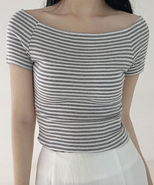 VIVID LADY（ビビッドレディー）の「ボーダー オフショルダー 半袖 Tシャツ（Tシャツ/カットソー・レディース・ブラック/グレー・FREE）」の13枚目の写真