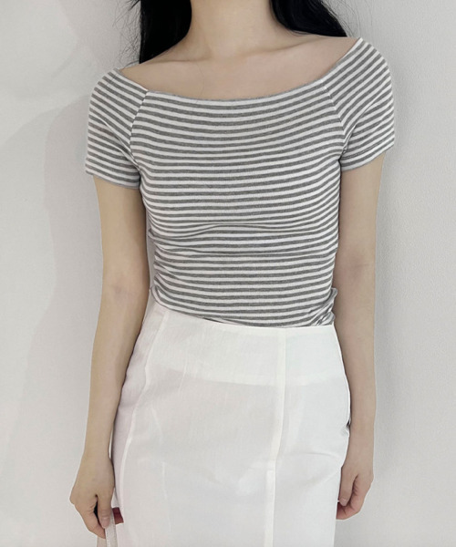VIVID LADY（ビビッドレディー）の「ボーダー オフショルダー 半袖 Tシャツ（Tシャツ/カットソー・レディース・ブラック/グレー・FREE）」の15枚目の写真