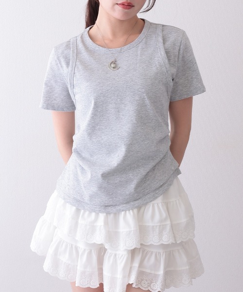 Lace Ladies(レースレディース)の「ソリッドカラー フェイクレイヤード クルーネック 半袖 Tシャツ(Tシャツ/カットソー・レディース・ホワイト/グリーン/グレー・S/M/L)」の2枚目の写真