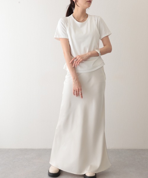 Lace Ladies(レースレディース)の「ソリッドカラー フェイクレイヤード クルーネック 半袖 Tシャツ(Tシャツ/カットソー・レディース・ホワイト/グリーン/グレー・S/M/L)」の4枚目の写真