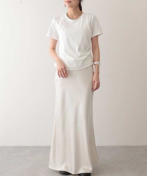 Lace Ladies(レースレディース)の「ソリッドカラー フェイクレイヤード クルーネック 半袖 Tシャツ(Tシャツ/カットソー・レディース・ホワイト/グリーン/グレー・S/M/L)」の6枚目の写真