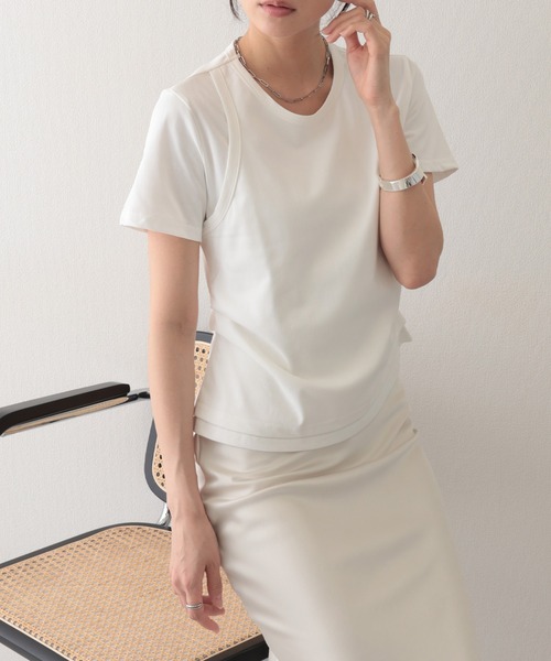 Lace Ladies(レースレディース)の「ソリッドカラー フェイクレイヤード クルーネック 半袖 Tシャツ(Tシャツ/カットソー・レディース・ホワイト/グリーン/グレー・S/M/L)」の7枚目の写真