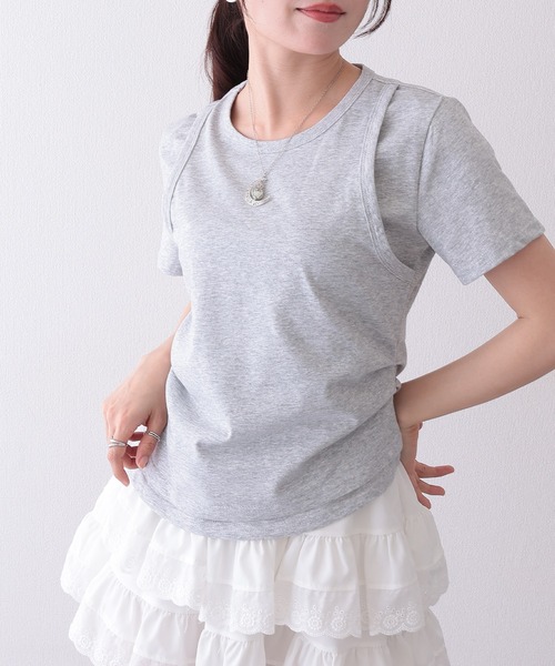 Lace Ladies(レースレディース)の「ソリッドカラー フェイクレイヤード クルーネック 半袖 Tシャツ(Tシャツ/カットソー・レディース・ホワイト/グリーン/グレー・S/M/L)」の8枚目の写真