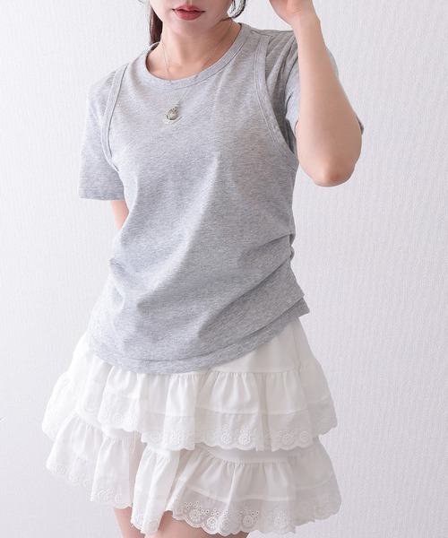 Lace Ladies(レースレディース)の「ソリッドカラー フェイクレイヤード クルーネック 半袖 Tシャツ(Tシャツ/カットソー・レディース・ホワイト/グリーン/グレー・S/M/L)」の10枚目の写真