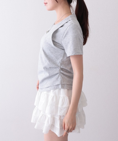 Lace Ladies(レースレディース)の「ソリッドカラー フェイクレイヤード クルーネック 半袖 Tシャツ(Tシャツ/カットソー・レディース・ホワイト/グリーン/グレー・S/M/L)」の11枚目の写真