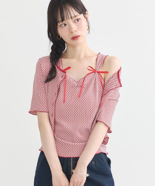 earth music&ecology（アースミュージックアンドエコロジー）の「SET2点ギンガムメロ－カーデ＋リボンタンク（Tシャツ/カットソー・レディース・ブラウン/レッド/ブラック・FREE）」の3枚目の写真