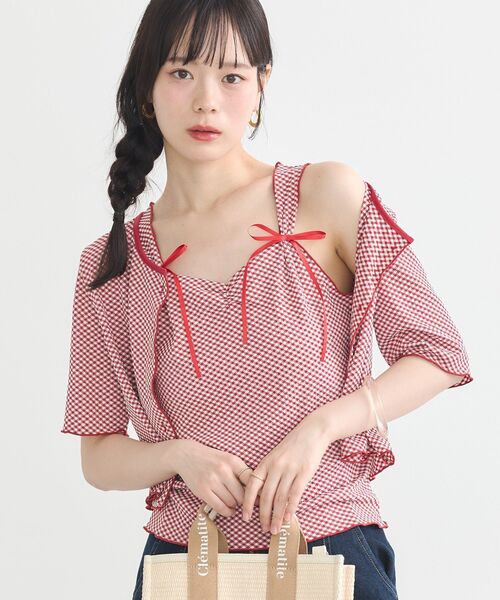 earth music&ecology（アースミュージックアンドエコロジー）の「SET2点ギンガムメロ－カーデ＋リボンタンク（Tシャツ/カットソー・レディース・ブラウン/レッド/ブラック・FREE）」の4枚目の写真