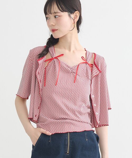 earth music&ecology（アースミュージックアンドエコロジー）の「SET2点ギンガムメロ－カーデ＋リボンタンク（Tシャツ/カットソー・レディース・ブラウン/レッド/ブラック・FREE）」の5枚目の写真