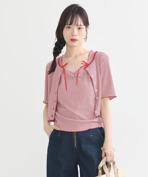 earth music&ecology（アースミュージックアンドエコロジー）の「SET2点ギンガムメロ－カーデ＋リボンタンク（Tシャツ/カットソー・レディース・ブラウン/レッド/ブラック・FREE）」の7枚目の写真
