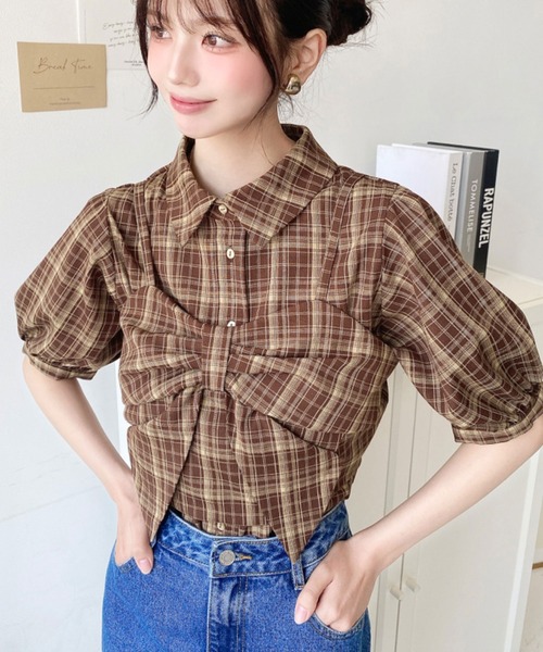 セール】リボンビスチェセット半袖チェックシャツブラウス